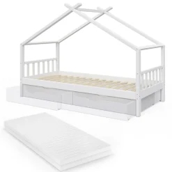 VitaliSpa Kinderbett Hausbett Kinderhaus Design Weiß 90x200 Schublade Matratze
