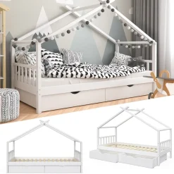 VitaliSpa Kinderbett Hausbett Kinderhaus Design Weiß Lattenrost 90x200 Schublade
