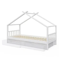 VitaliSpa Kinderbett Hausbett Kinderhaus Design Weiß Lattenrost 90x200 Schublade