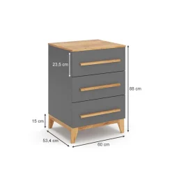 VitaliSpa Kommode Malia 60x88cm für Kinderzimmer, Schrank mit 3 Schubladen, grau