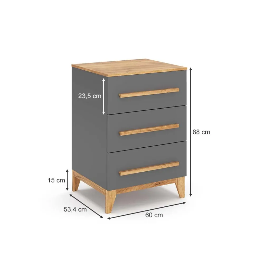 VitaliSpa Kommode Malia 60x88cm für Kinderzimmer, Schrank mit 3 Schubladen, grau