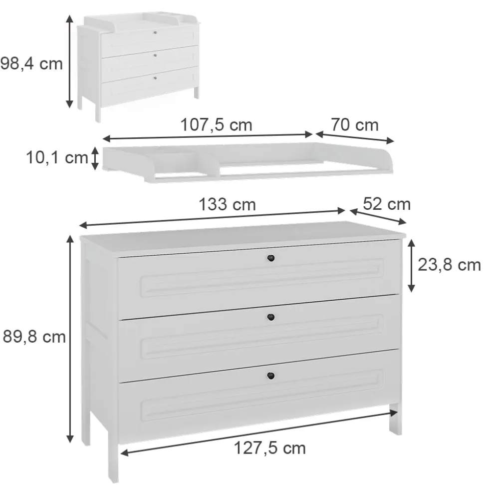 Vitalispa Wickelkommode Ajaton Weiß 133 x 98,4 mit 3 Schubladen