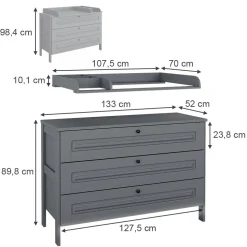 Vitalispa Wickelkommode Ajaton Grau 133 x 98,4 mit 3 Schubladen