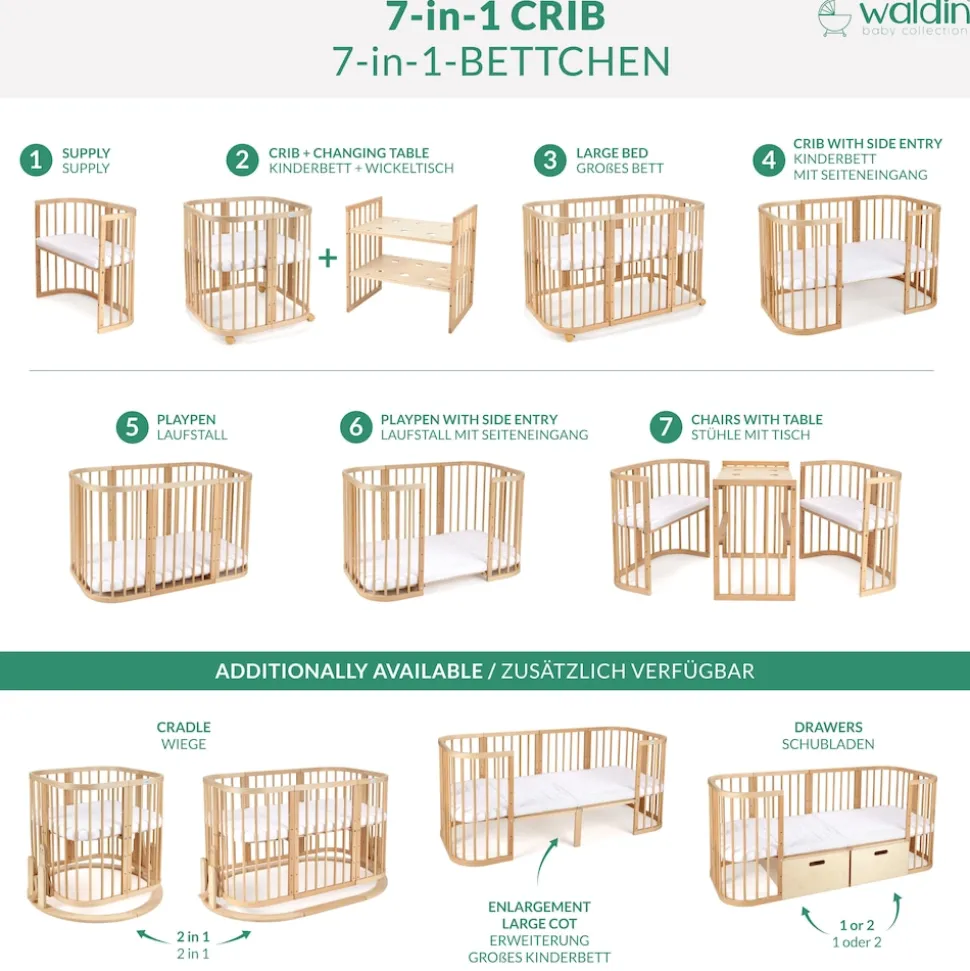 Waldin Babybett Kinderbett 7in1 mit Matratze, mitwachsendes Kinder-Bett