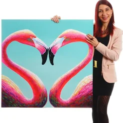 Wandbild Flamingo, 100% handgemaltes Ölgemälde Gemälde XL, 90x90cm