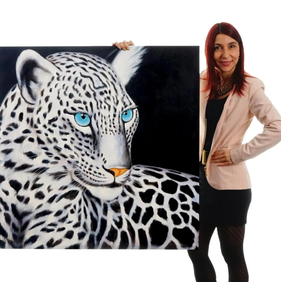 Wandbild Weißer Leopard, 100% handgemaltes Ölgemälde Gemälde XL, 100x100cm