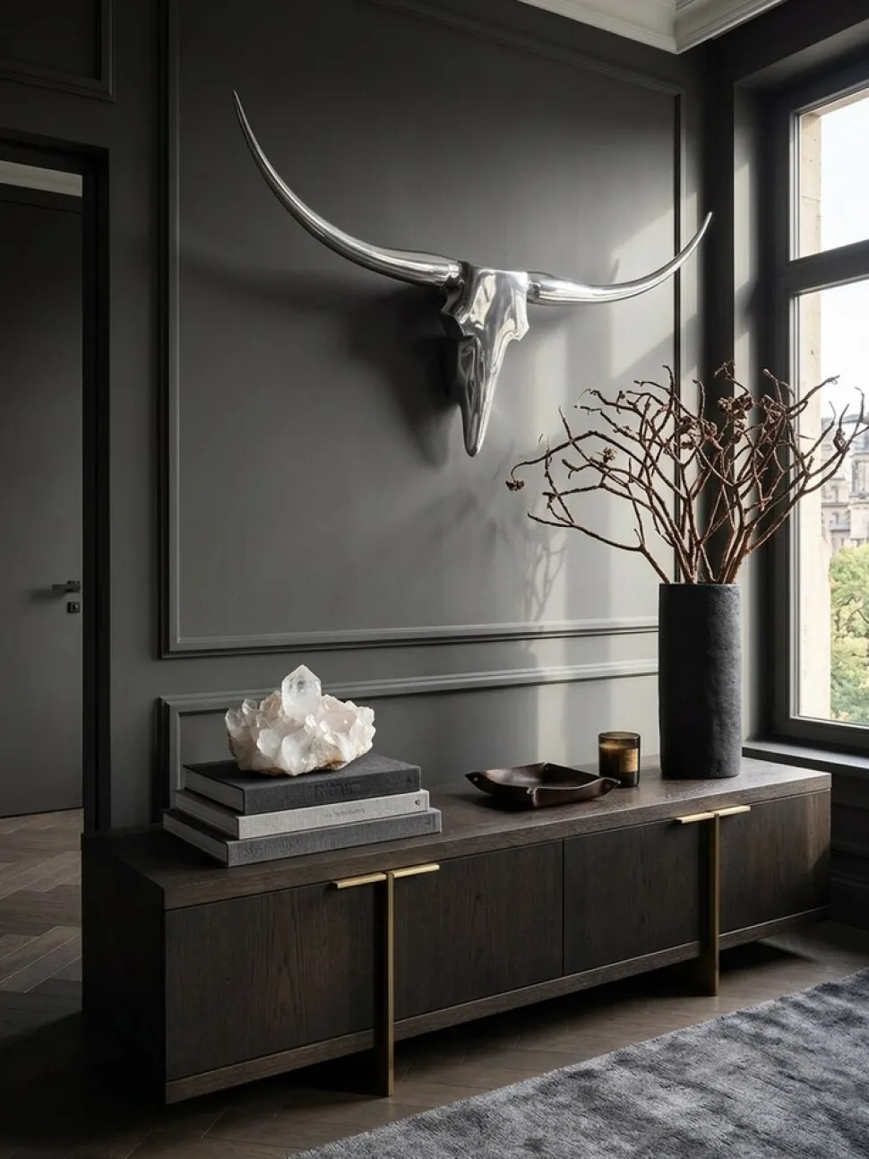 Wanddeko Geweih Bull Aluminium 125 cm breit, Silbern 125x10x60 cm