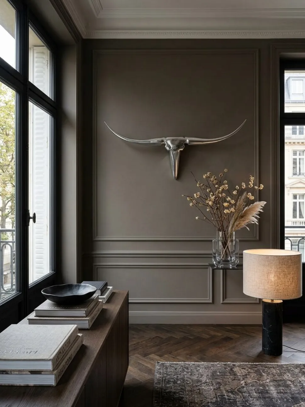 Wanddeko Geweih Bull Aluminium 125 cm breit, Silbern 125x10x60 cm
