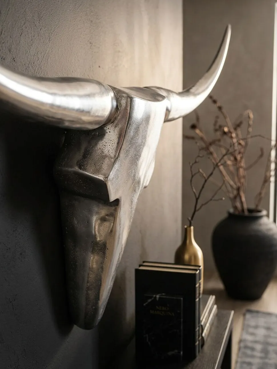 Wanddeko Geweih Bull Aluminium 125 cm breit, Silbern 125x10x60 cm