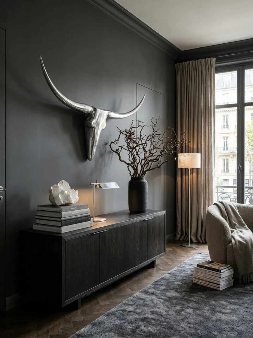 Wanddeko Geweih Bull Aluminium 125 cm breit, Silbern 125x10x60 cm