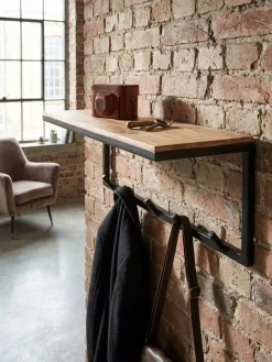 Wandgarderobe Akazie Massivholz Metall Modern 70x27x30 cm mit Hakenleiste und Ablage