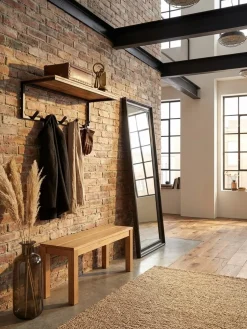 Wandgarderobe Akazie Massivholz Metall Modern 70x27x30 cm mit Hakenleiste und Ablage