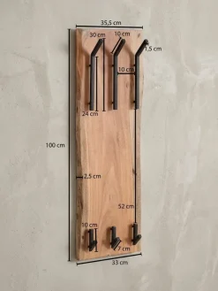 Wandgarderobe Akazie Massivholz Metall Modern 35,5x100x11 cm mit 2-reihiger Hakenleiste