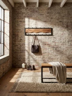 Wandgarderobe Akazie Massivholz Metall Modern 80x20x8 cm mit Wellenmuster