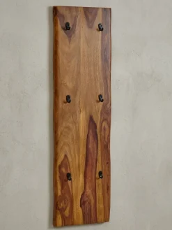 Wandgarderobe Massivholz Metall Modern 40x140x7 cm mit Baumkante und 2-reihiger Hakenleiste