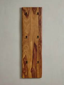 Wandgarderobe Massivholz Metall Modern 40x140x7 cm mit Baumkante und 2-reihiger Hakenleiste