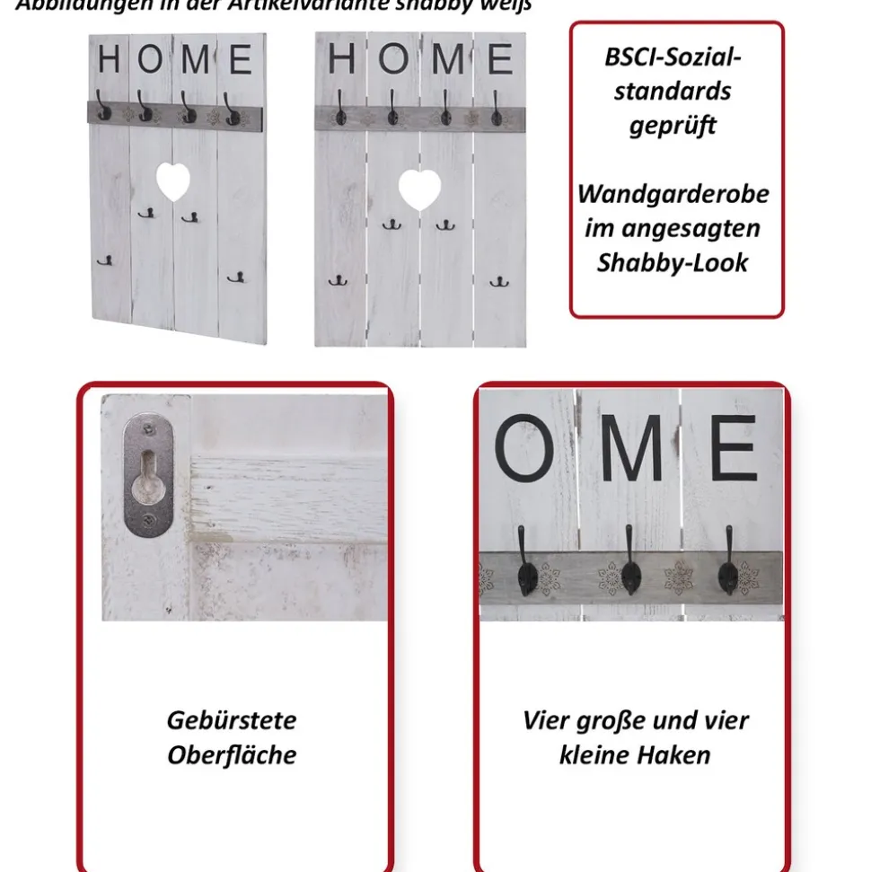 Wandgarderobe MCW-C89 Home, Garderobenpaneel Garderobe, Shabby-Look Vintage, 8 Haken 91x60cm ~ grau-blau