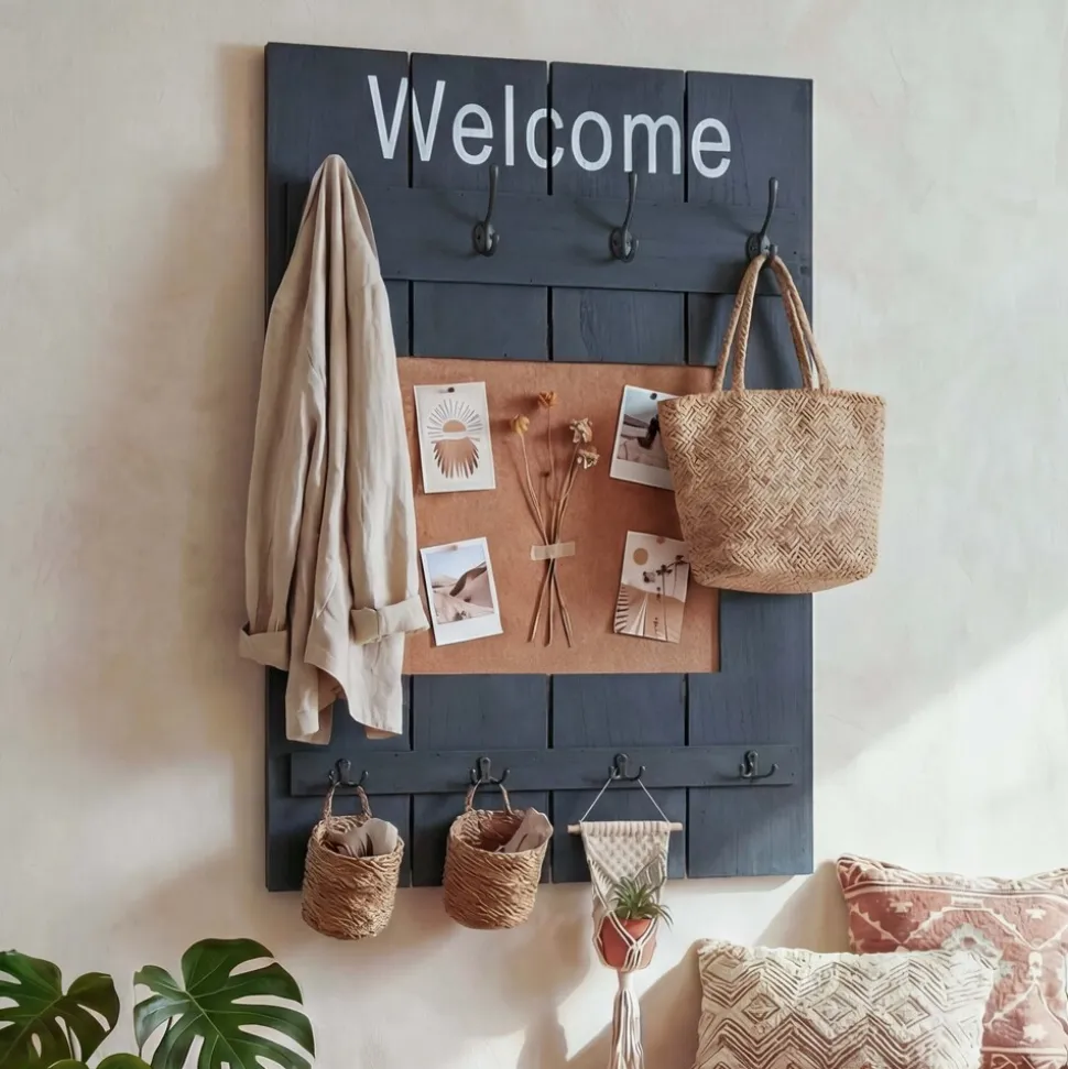 Wandgarderobe MCW-C89 mit Pinnwand, Garderobenpaneel, Shabby-Look Vintage, 8 Haken 91x60cm ~ dunkelgrau, shabby