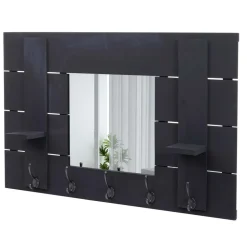 Wandgarderobe MCW-C89 mit Spiegel, Garderobenpaneel Garderobe, Shabby-Look Vintage, 5 Haken 90x60cm ~ dunkelgrau, shabby