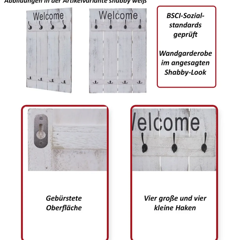 Wandgarderobe MCW-C89 Welcome, Garderobe Garderobenpaneel, Shabby-Look Vintage, 91x60cm ~ grau-blau