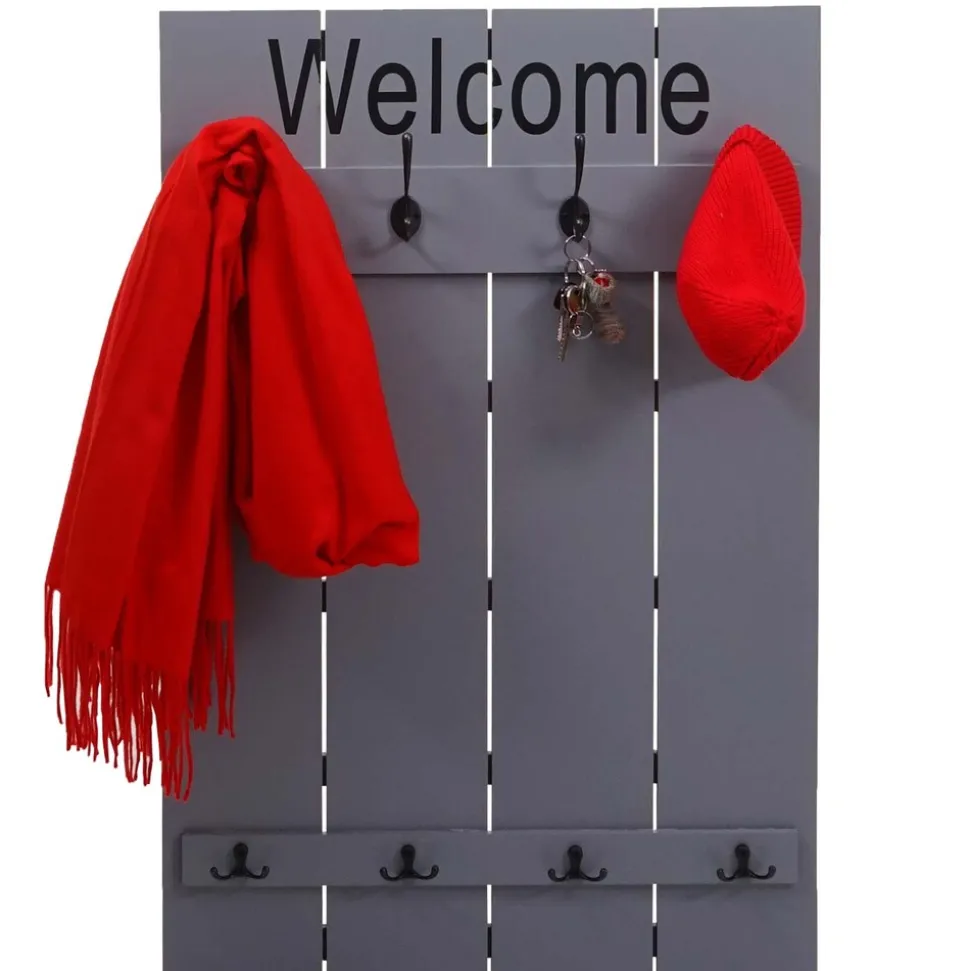 Wandgarderobe MCW-C89 Welcome, Garderobe Garderobenpaneel, Shabby-Look Vintage, 91x60cm ~ grau-blau