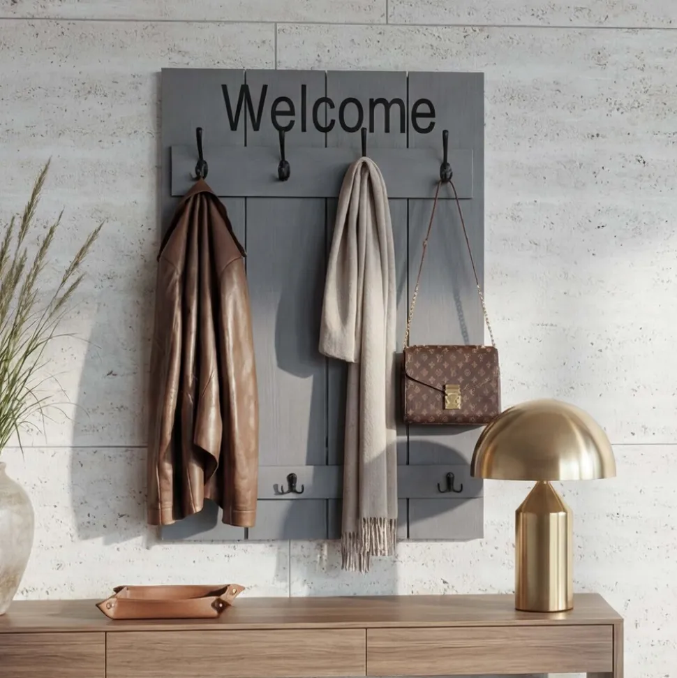 Wandgarderobe MCW-C89 Welcome, Garderobe Garderobenpaneel, Shabby-Look Vintage, 91x60cm ~ grau-blau