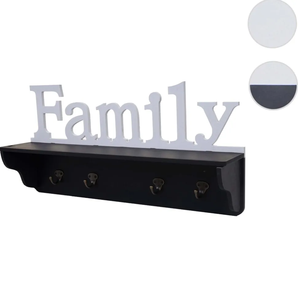 Wandgarderobe MCW-D41 Family, Garderobe Regal, 4 Haken massiv 30x60x13cm ~ schwarz/weiß