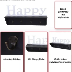 Wandgarderobe MCW-D41 Happy, Garderobe Regal, 4 Haken massiv 30x60x13cm ~ schwarz/weiß