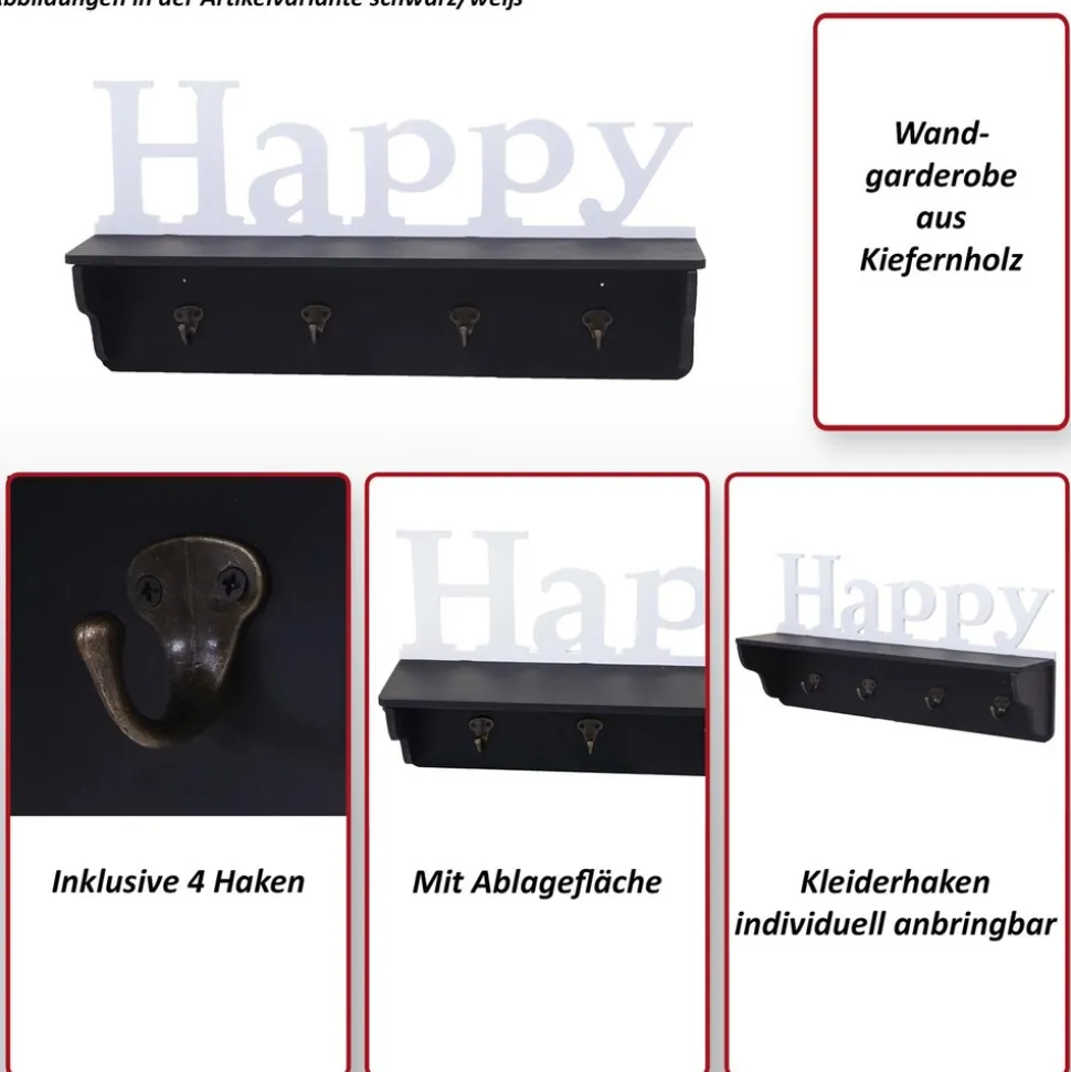 Wandgarderobe MCW-D41 Happy, Garderobe Regal, 4 Haken massiv 30x60x13cm ~ schwarz/weiß