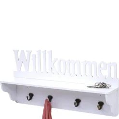 Wandgarderobe MCW-D41 Willkommen, Garderobe Regal, 4 Haken massiv 30x60x13cm ~ weiß