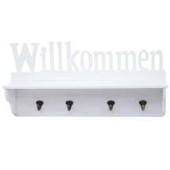 Wandgarderobe MCW-D41 Willkommen, Garderobe Regal, 4 Haken massiv 30x60x13cm ~ weiß