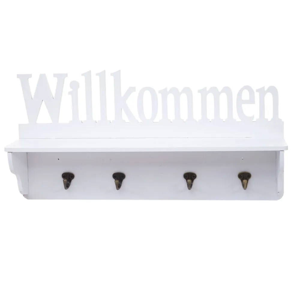 Wandgarderobe MCW-D41 Willkommen, Garderobe Regal, 4 Haken massiv 30x60x13cm ~ weiß