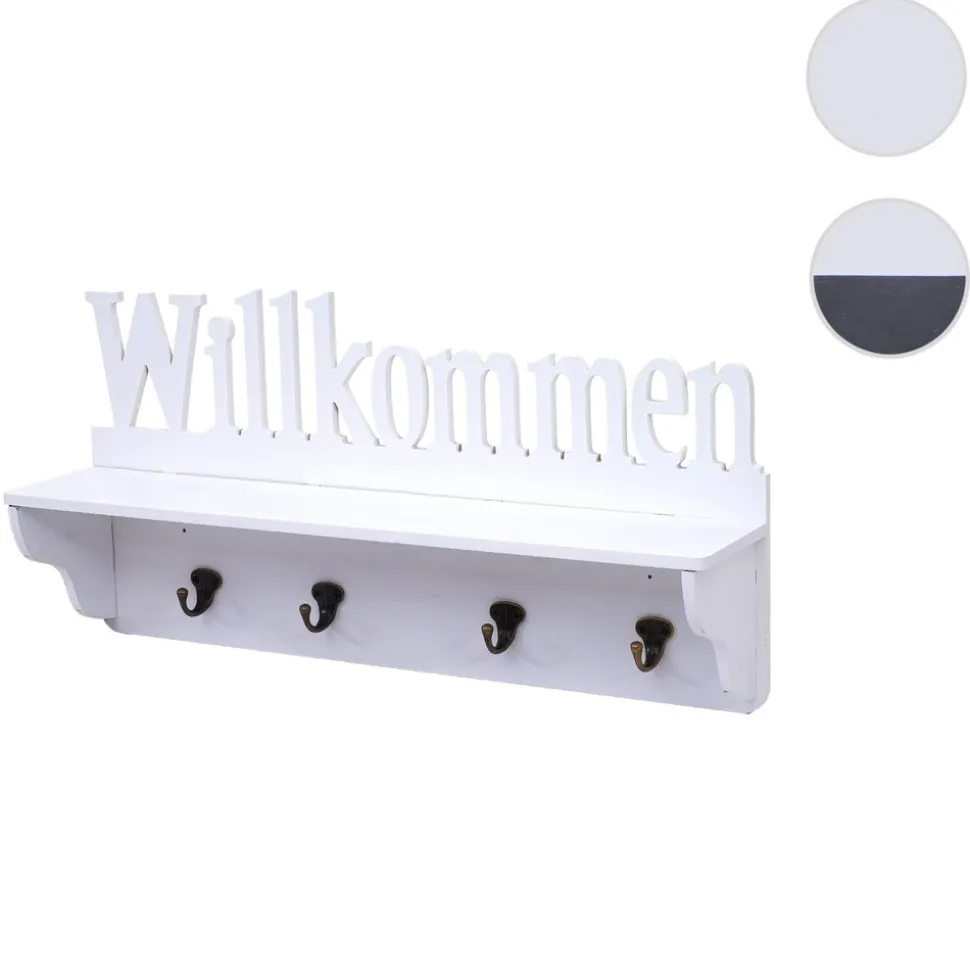Wandgarderobe MCW-D41 Willkommen, Garderobe Regal, 4 Haken massiv 30x60x13cm ~ weiß