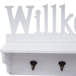 Wandgarderobe MCW-D41 Willkommen, Garderobe Regal, 4 Haken massiv 30x60x13cm ~ weiß
