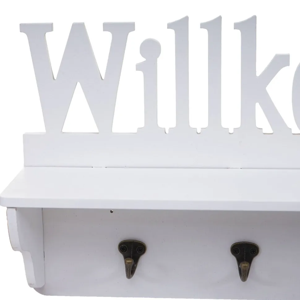 Wandgarderobe MCW-D41 Willkommen, Garderobe Regal, 4 Haken massiv 30x60x13cm ~ weiß