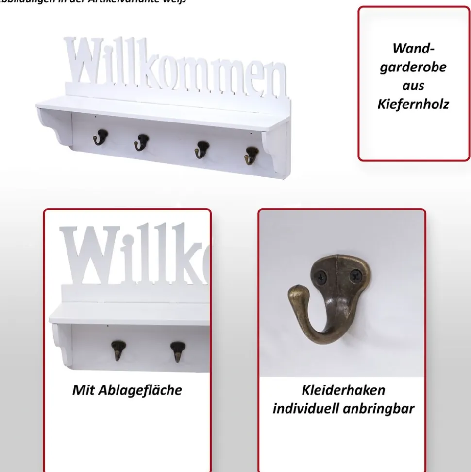 Wandgarderobe MCW-D41 Willkommen, Garderobe Regal, 4 Haken massiv 30x60x13cm ~ weiß
