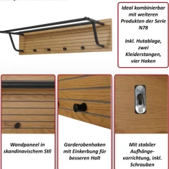 Wandgarderobe MCW-N78, 2 Kleiderstangen 4 Haken, skandinavischer Stil Metall Holz Melamin MVG 20x80x27cm ~ natur