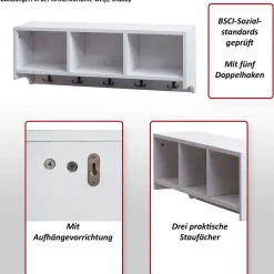 Wandregal MCW-K49, Garderobe Wandgarderobe Regal, 3 Staufächer 5 Haken 30x80x20cm Holz ~ weiß, shabby