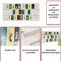 Wandschild Believe, Holzschild Dekoschild Schild, Shabby-Look Vintage mit 3 Haken 30x60cm