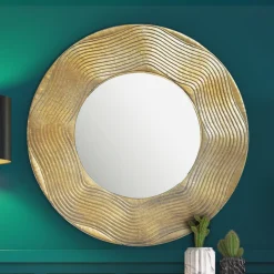 Wandspiegel Rund Metall Gold 74 cm Wellenmuster