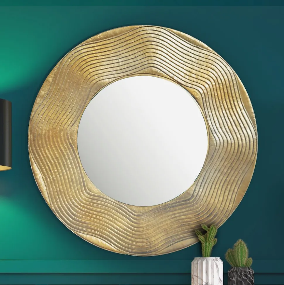 Wandspiegel Rund Metall Gold 74 cm Wellenmuster