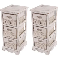 2xRegal Kommode mit 3 Korbschubladen 58x25x28cm, Shabby-Look, Vintage ~ weiß