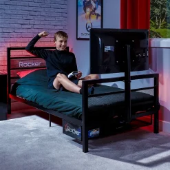 XROCKER Basecamp - Gaming Metallbett für Kinder & Teenager mit TV-Halterung - Schwarz
